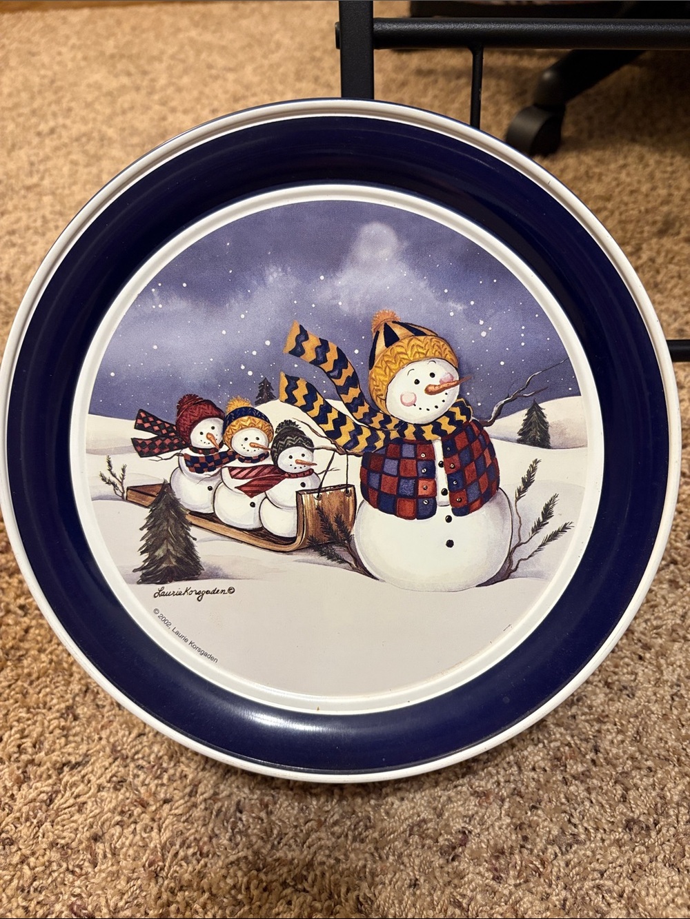 Vintage holiday snowman 2002 navy blue tin